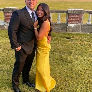 Yellow satin floor length dress